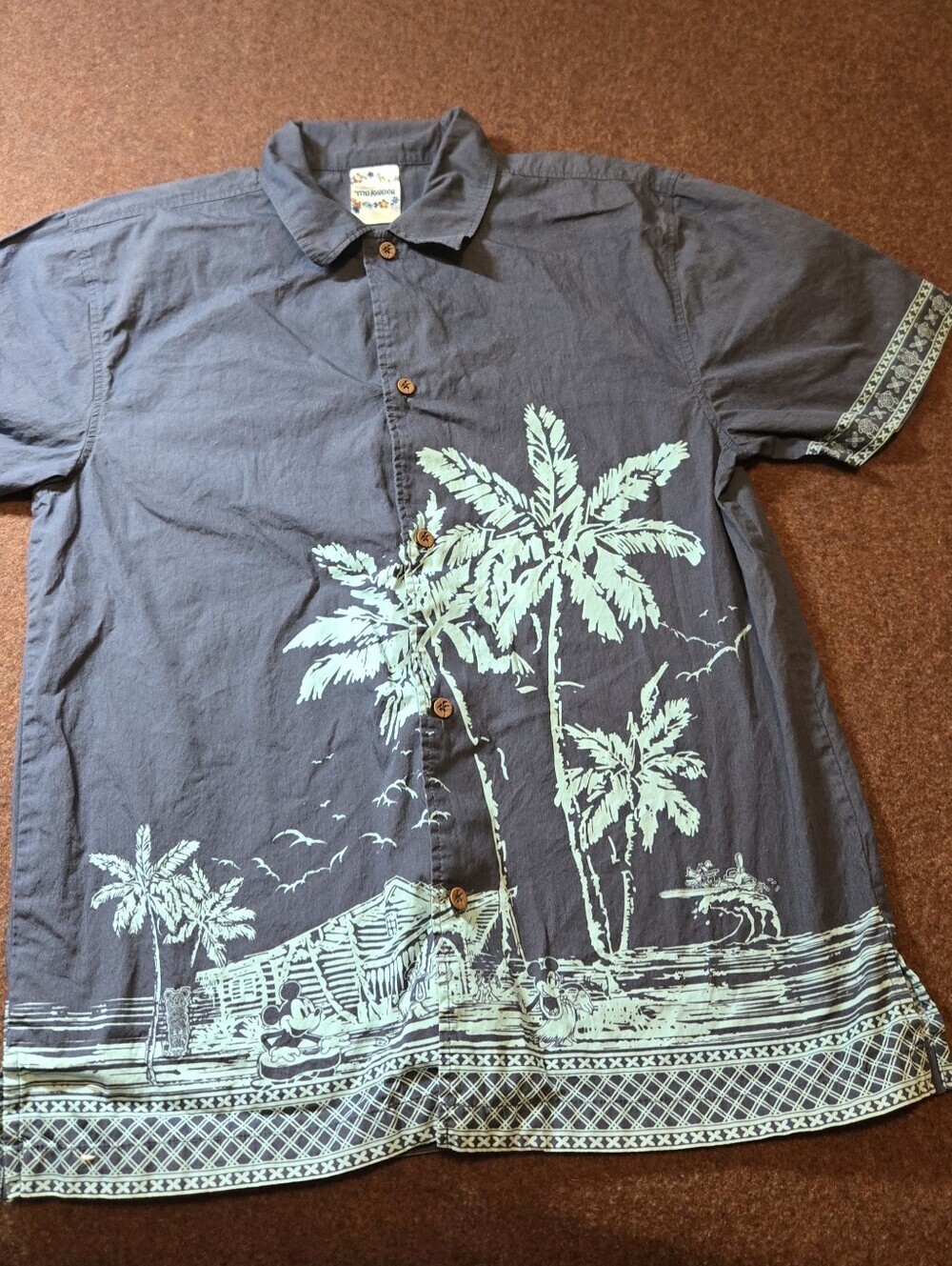 This Disney Store "Tiki Kingdom" Blue Hawaiian Shirt Size Small Mickey Minnie